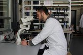 Ein Student betrachtet eine Probe unter dem Mikroskop.